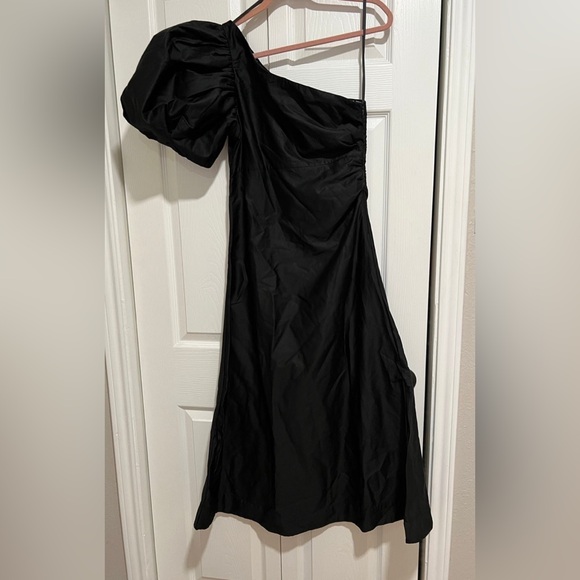 NWT SMALL Anthropologie Aureta one shoulder midi little black dress puff sleeve - Picture 6 of 9